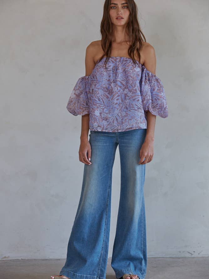 L7028 |Floral Print Off The Shoulder Short Sleeve Top for wholesale by By Together