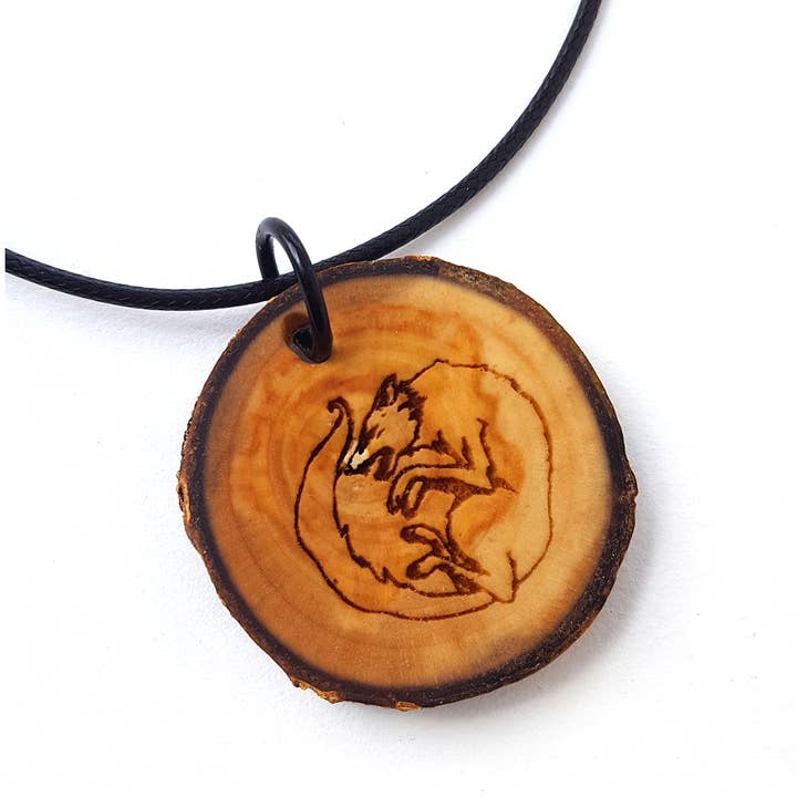 Leaping Wolf Wooden Pendant Necklace, Natural Tree Slice for wholesale by Lyoncraft