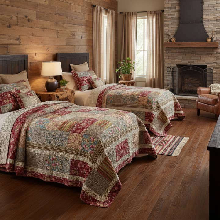 Tache Home Fashion - Wholesale Bedding Set - Tache Fairy Tale Tea Party Beige Burgundy Paisley Floral Cotton Patchwork Quilt Set (DXJ103443)2