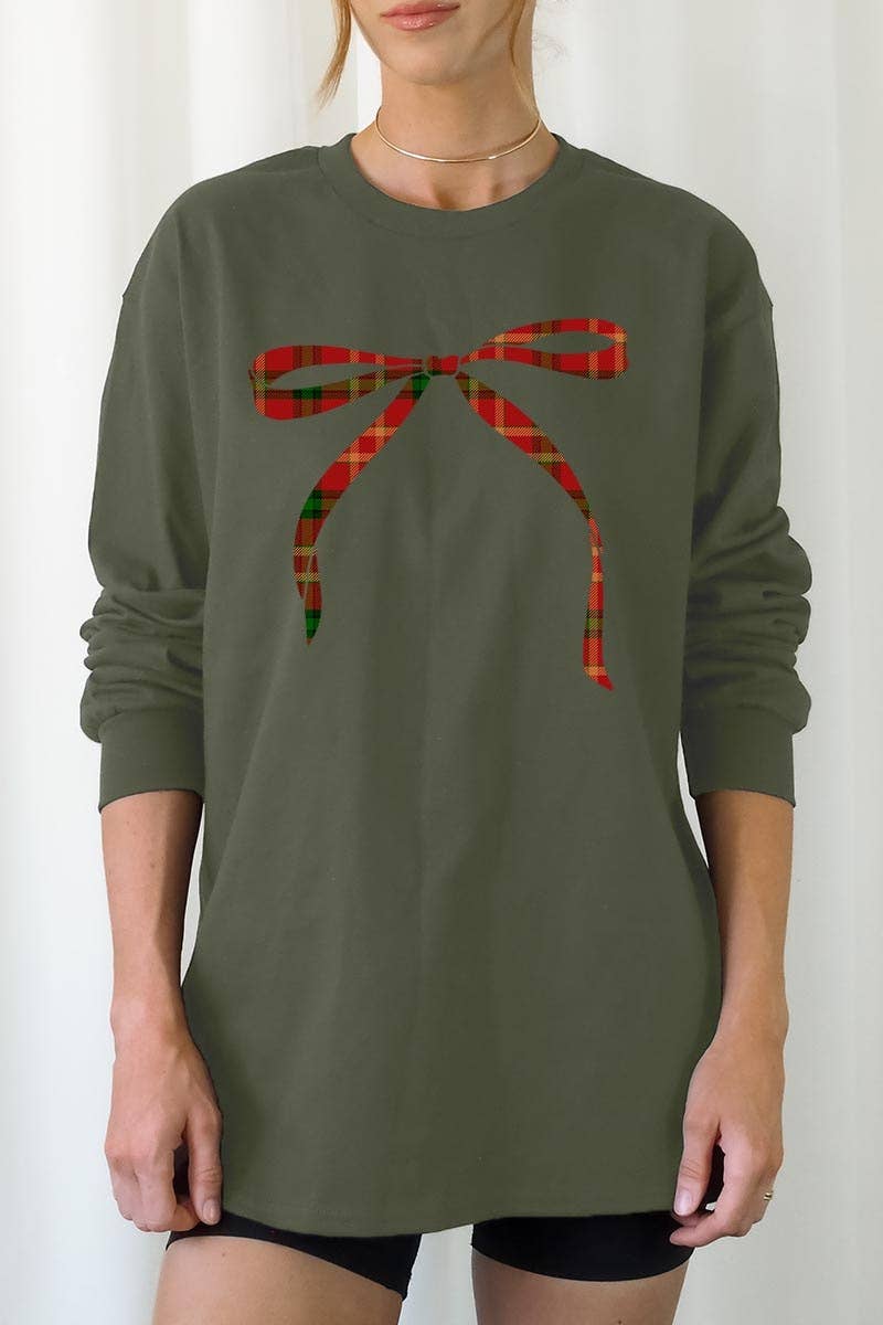 COLORBEAR - Vendita all'ingrosso Maglietta stampata - Donna - Maglietta grafica natalizia a maniche lunghe con fiocco rosso9