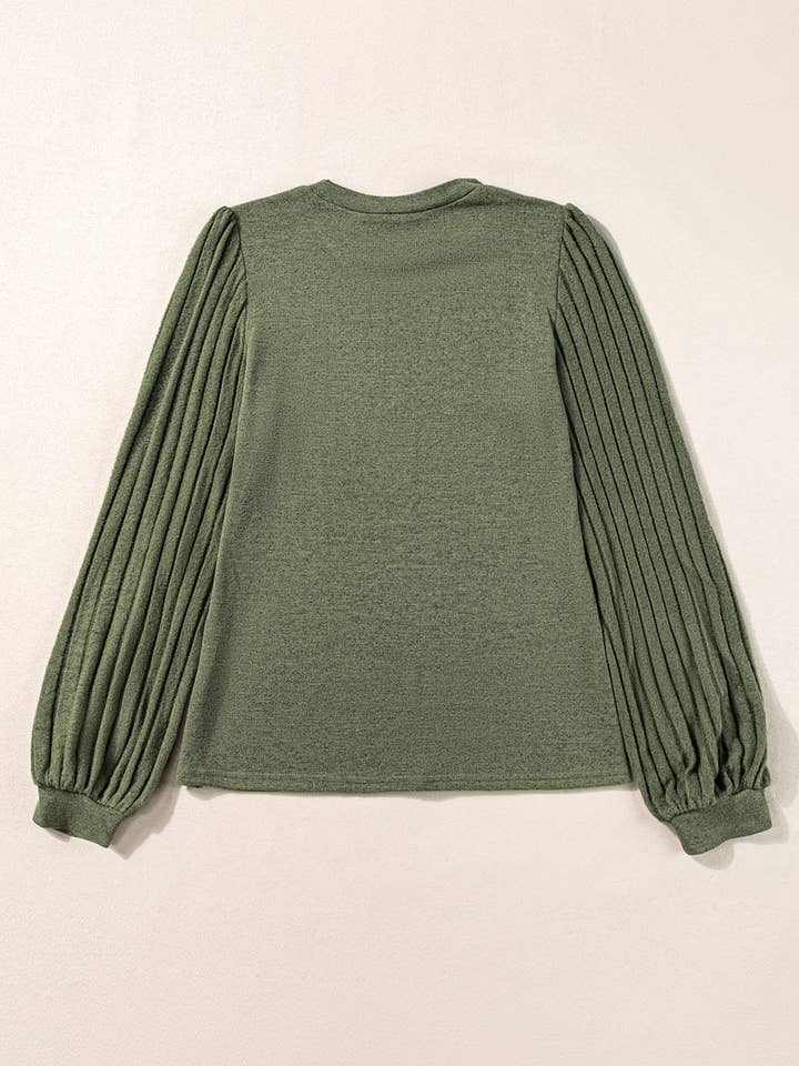 Jungle Green Contrast Ribbed Bishop Sleeve Top for wholesale on Faire