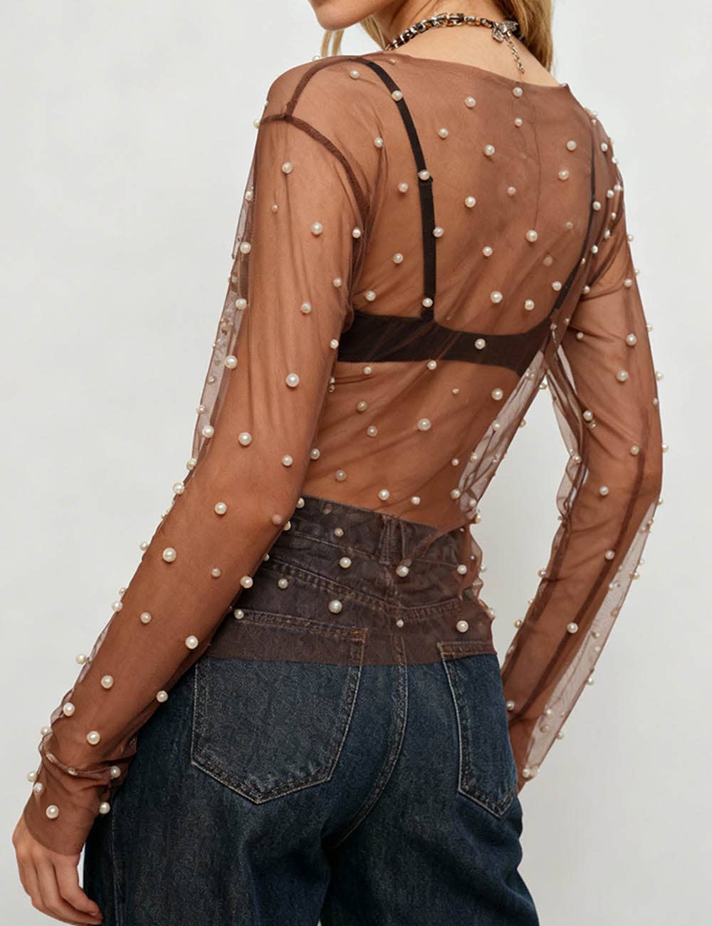 Sweetkama - Wholesale Blouse - Women's - Sparkle Pearl Studded Sheer Mesh See Through Top SKT210691