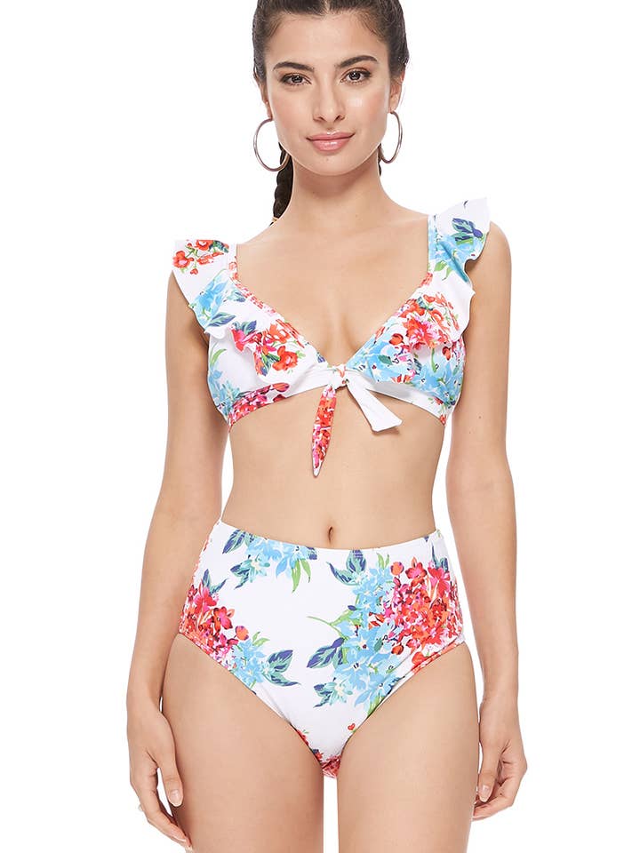019261-SET BIKINI FLOREALE CON VOLANT A VITA ALTA per la vendita all'ingrosso da parte di Pick Pink