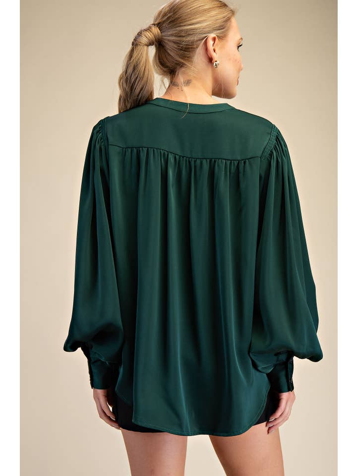 Glam - Wholesale Blouse - Women's - Round Neck Button Down Puff Long Sleeve Satin Top4