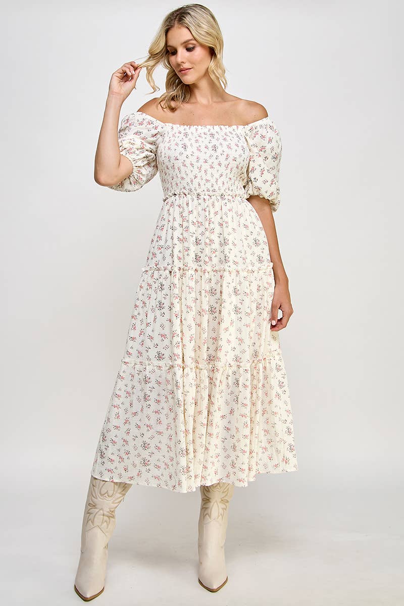 Million Colors - Wholesale Dress - Women's - Hattie Floral Puff Sleeve Square Neck Tiered Midi Dress9