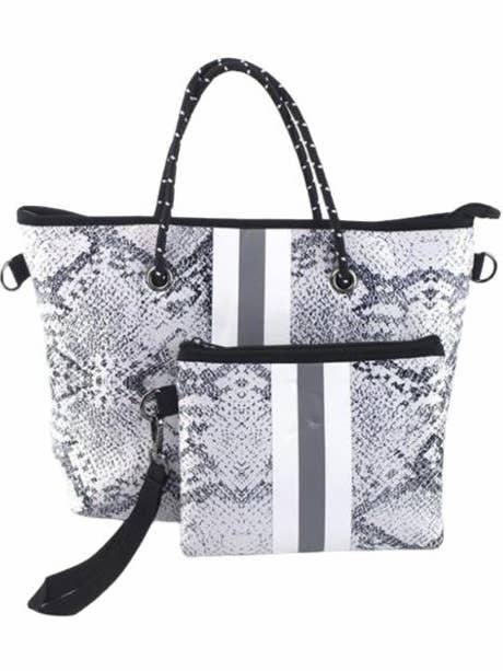 The Lucia Neoprene Medium Tote - Silver Snakeskin for wholesale by Babs + Birdie