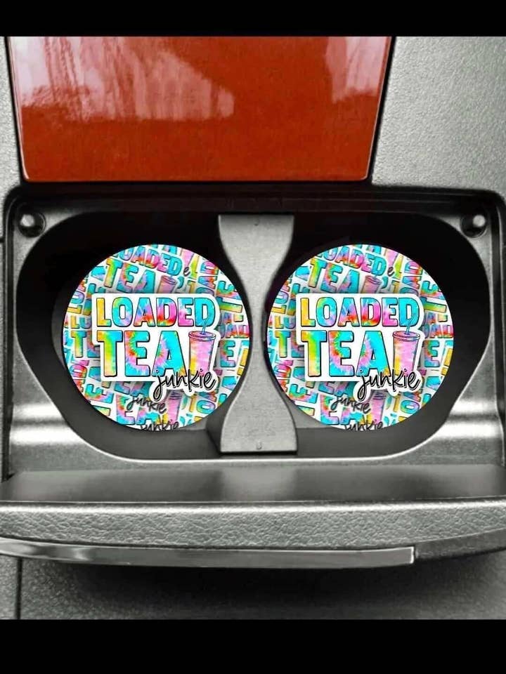 Loaded Tea Junkie Neoprene Car Coaster Set for Cup Holder Absorbent Washable and Fun for wholesale by Sip Sleeves ~ Insulated Cup Sleeves and Drink Accessories