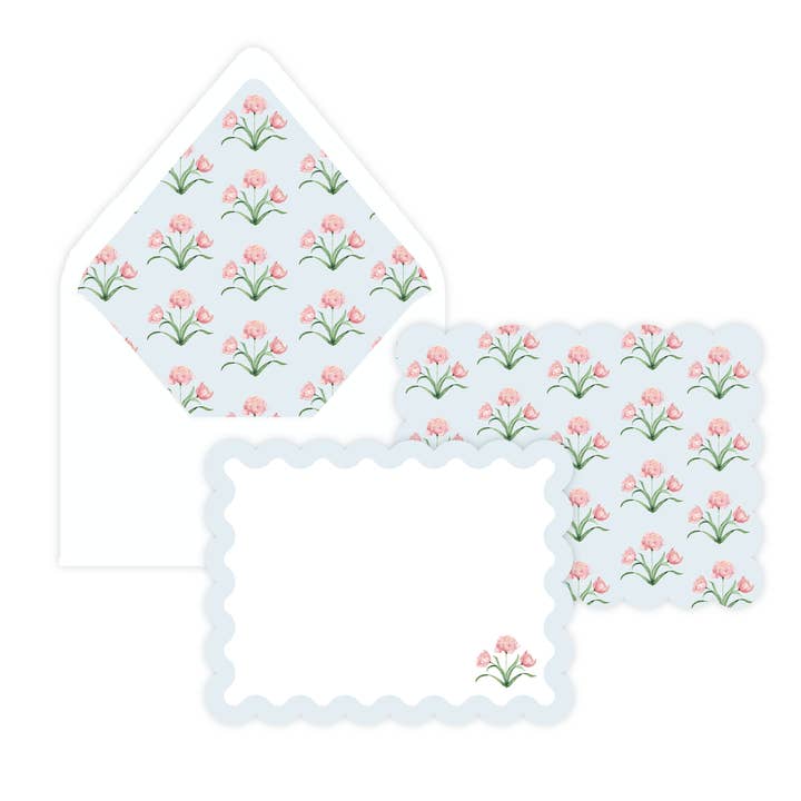 Tulip Block Print Scallop Notecard Set for wholesale by Rebecca Green Design