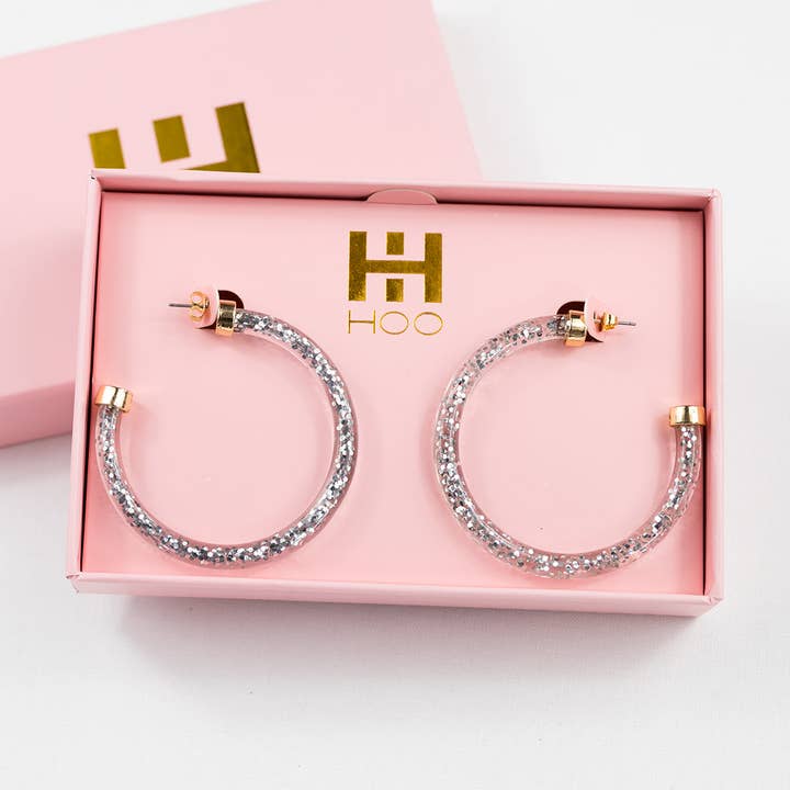 Lightweight Large Hoop Earrings - Silver Glitter for wholesale by Hoo Hoops