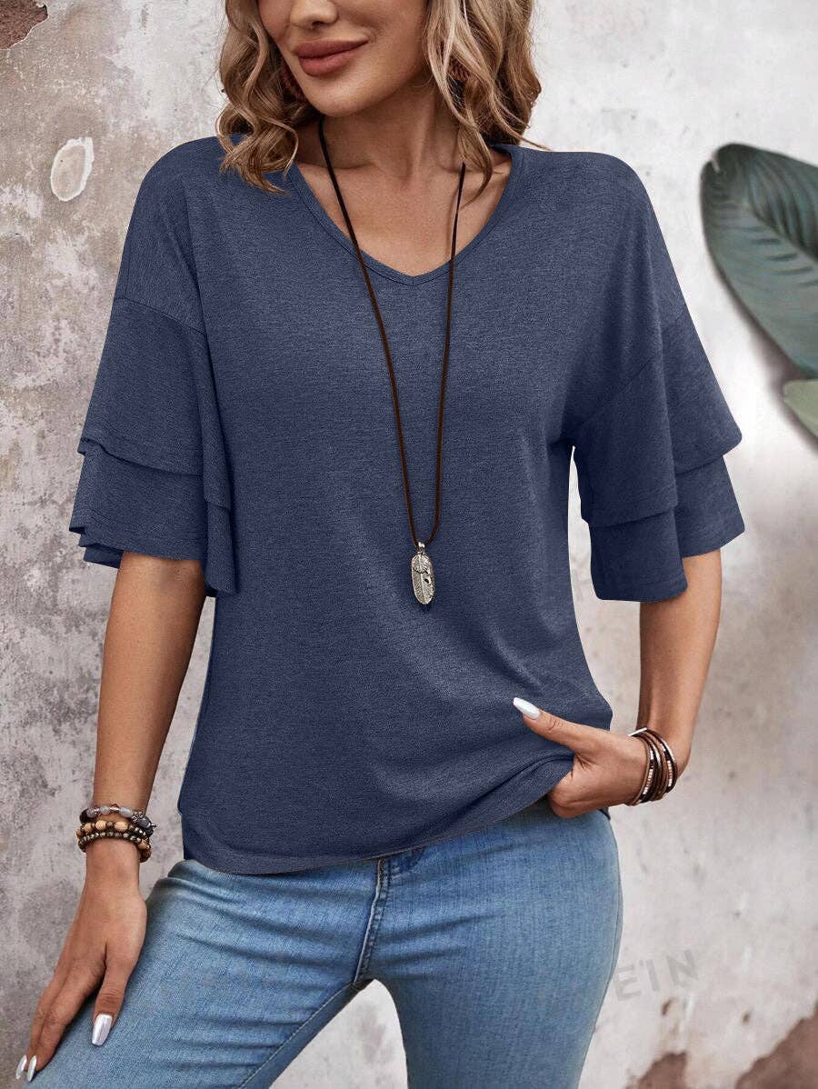 Suhkasana - Wholesale Blouse - Women's - Women's V-Neck Flutter Sleeve Top – Casual Summer T-Shirt12