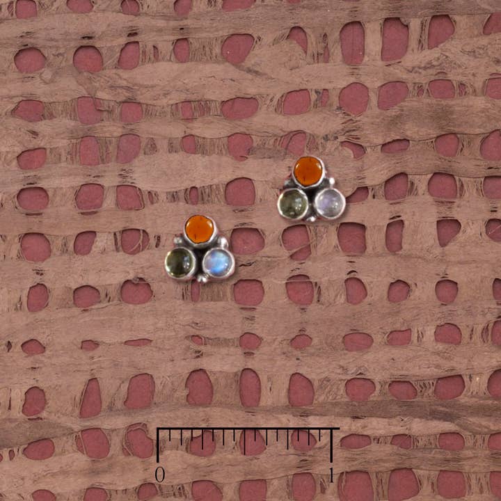 Rainbow Moonstone, Amber and Peridot Post Earrings for wholesale by Tidepool