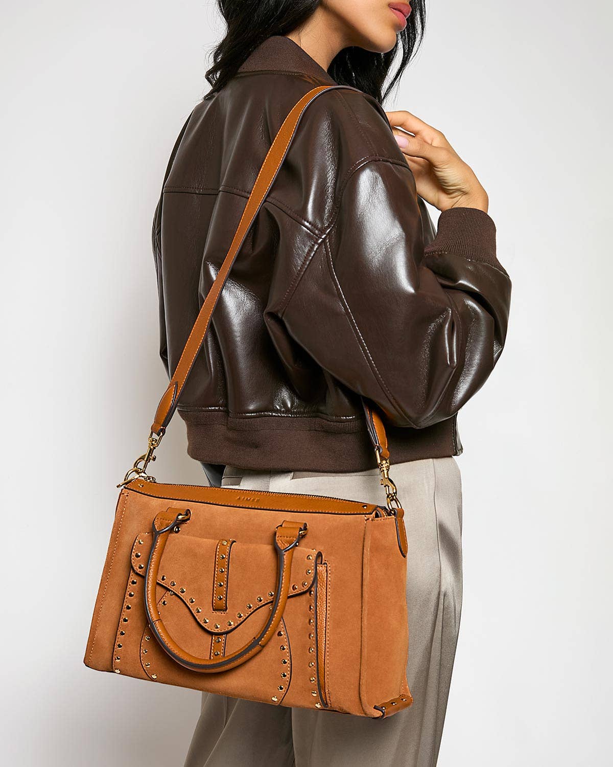 Rustic Caramel Suede Amour Satchel for wholesale on Faire1