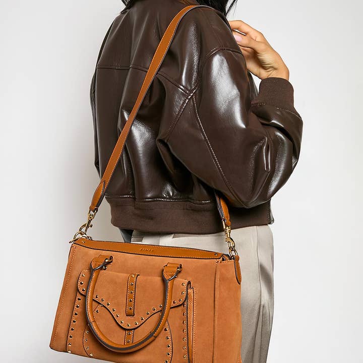 Rustic Caramel Suede Amour Satchel for wholesale on Faire1