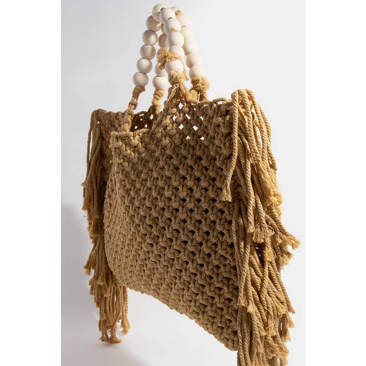 Collections by Fame Accessories - Wholesale Tote Bag - Women's - Wooden Beaded Handle Braided Tote Bag