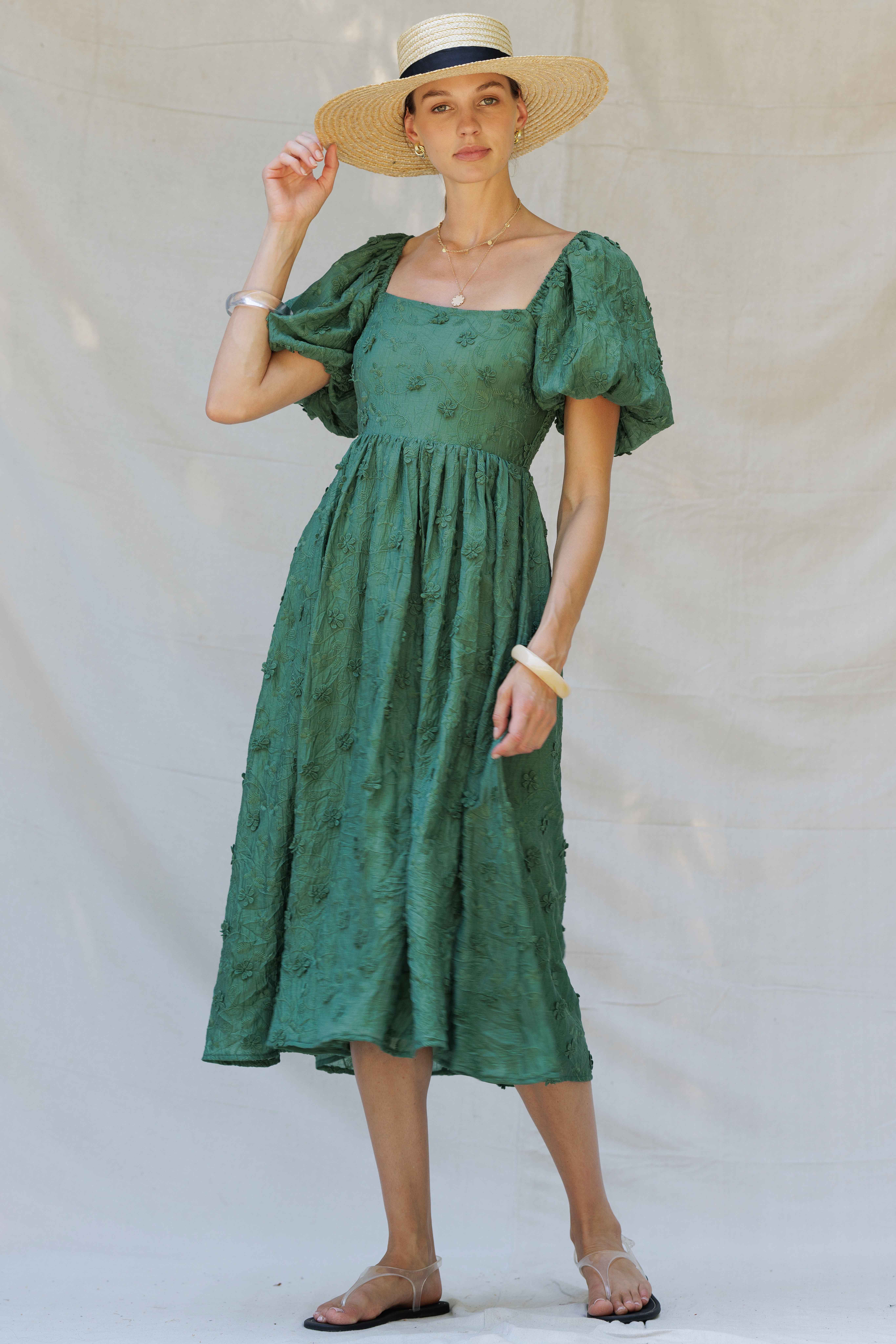 Endless Blu – wholesale Dress – Women's – YD5018 Embroidered Puff-Sleeve Midi Dress8