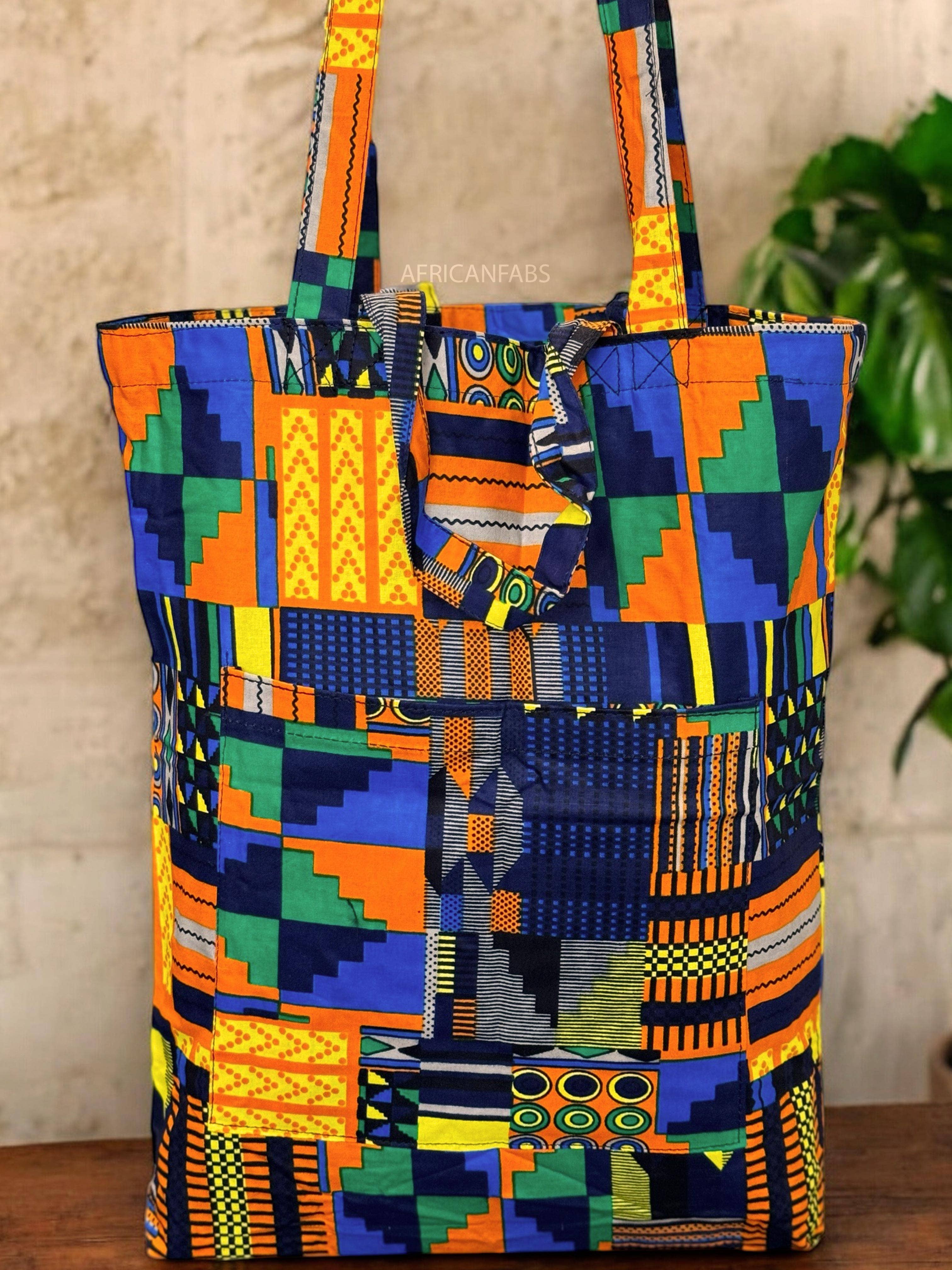 AfricanFabs - Wholesale Tote Bag - Unisex - Shopper bag with African print - Blue Orange Kente - Reusable Cotton Tote Bag1