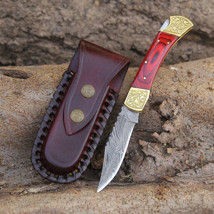 Edgefire Handmade Damascus EDC Folding Knife With Sheath for wholesale by Shokunin USA