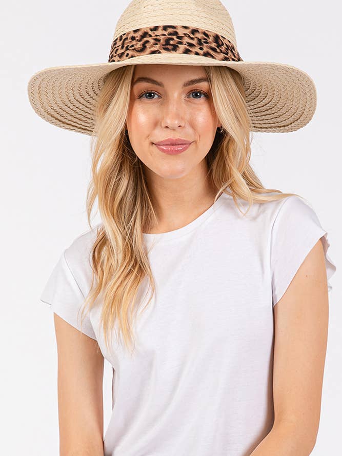 Leopard Trim Band Summer Straw Sun Hat for wholesale by Hana