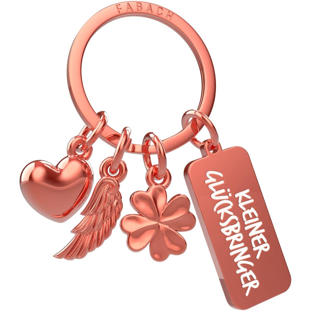 FABACH – Die Schlüsselanhänger-Schmiede – Großhandel Schlüsselanhänger – Unisex – "3 Charms" Schutzengel Schlüsselanhänger - Engel Herz Kleeblatt Glücksbringer mit Botschaft Gravur "Kleiner Glücksbringer"1