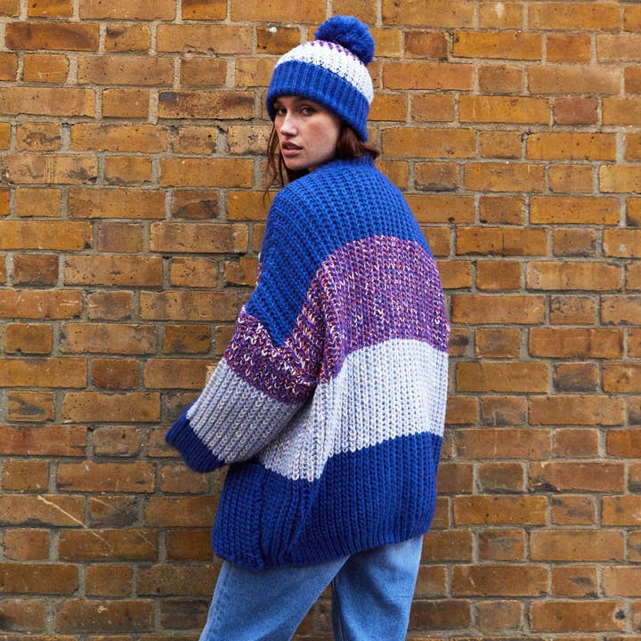 Cara & The Sky - Wholesale Beanie - Women's - Phoebe Stripe Beanie Bobble Hat - Cobalt Blue3