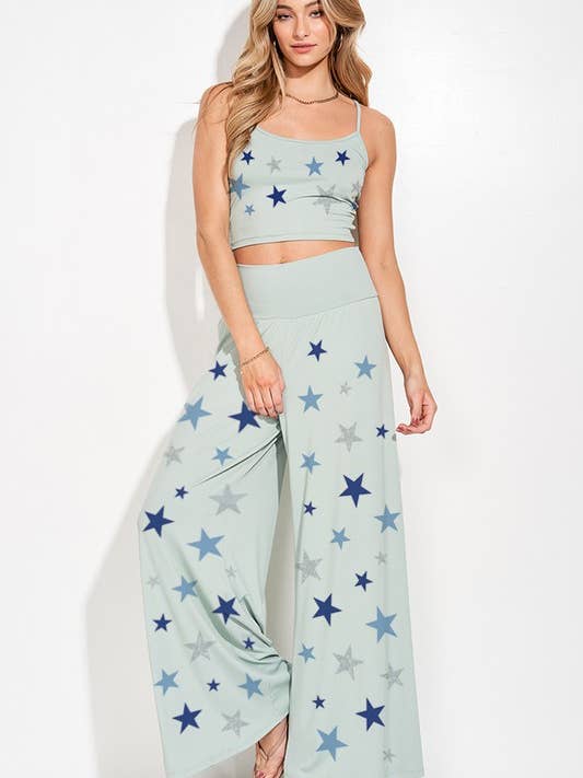 Blaues Sternen-Crop-Tanktop und maximiertes Hosen-Set für den Großhandel von MintChoco