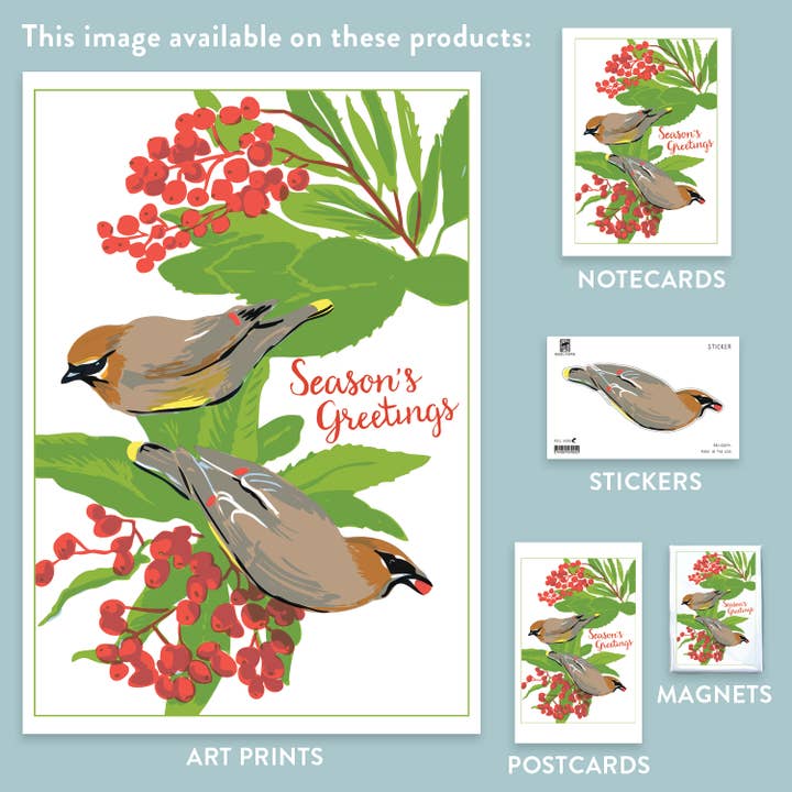Rigel Paper - Vente Affiche d'art - RHO-94 Cedar Waxwing & Toyon - Season's Greetings Art Print1