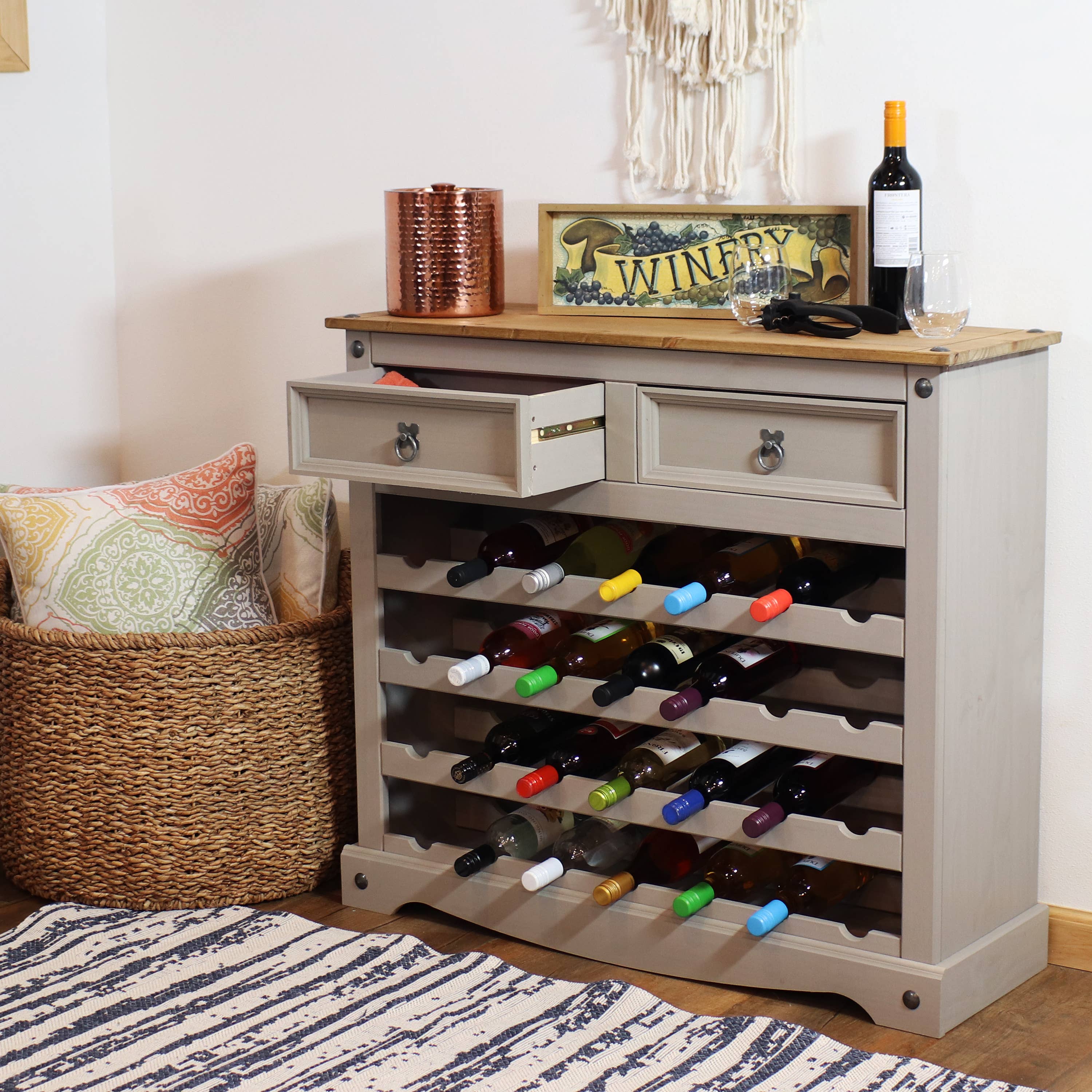 Sunnydaze Decor - Wholesale Wine Rack - 28-Bottle Solid Pine Freestanding Wine Rack - Gray - 34.5"4