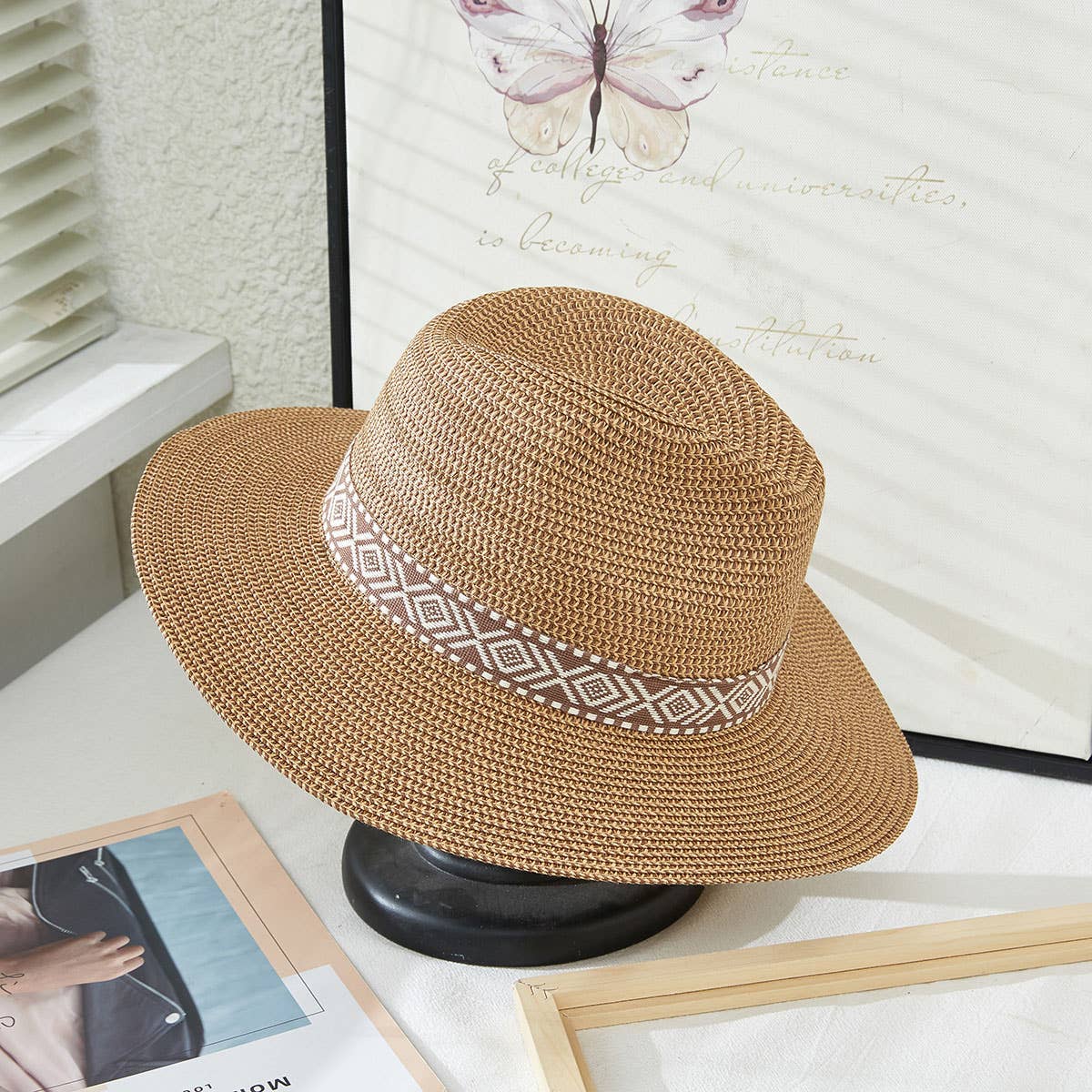 Suzie Q USA - Wholesale Straw Hat - Women's - Two Tones Straw Hat with Aztec Pattern Trim1