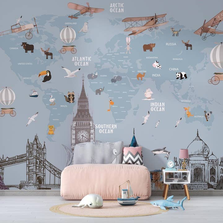 GK Home Decor - Wholesale Wallpaper - Architectural Structures Funny World Map Removable Wallpaper