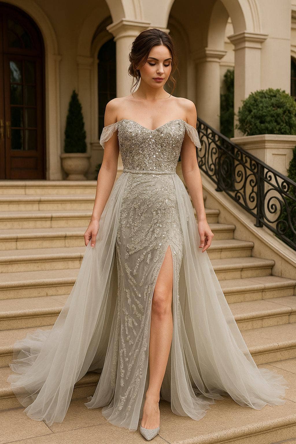 La Veneto - Wholesale Dress - Women's - Off Shoulder , lace with beaded 0