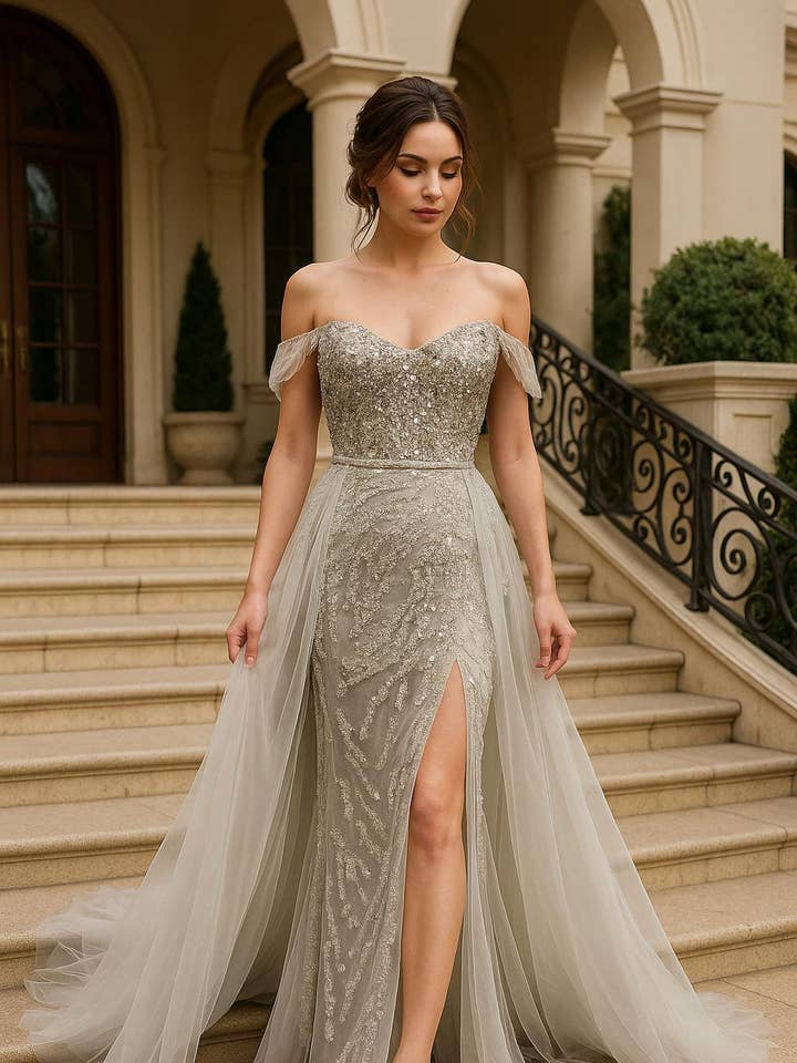 La Veneto - Wholesale Dress - Women's - Off Shoulder , lace with beaded 0