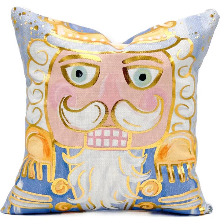 Gold Foil Mr. Nutcracker Baby Blue Pillow for wholesale by Rachel Brooks Design, LLC