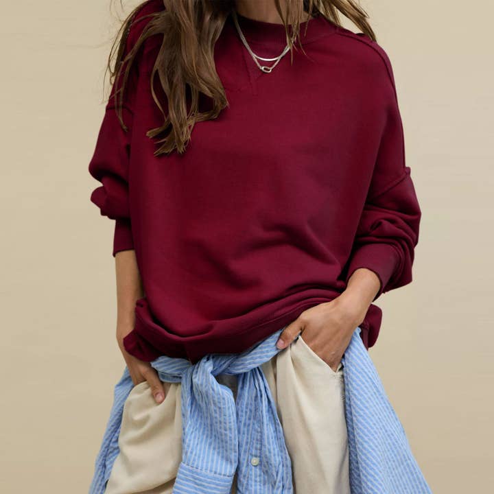 TISANCRE - Wholesale Sweatshirt - Women's - Trend style pullover long sleeve European and American style split sweater round neck solid color loose sweater