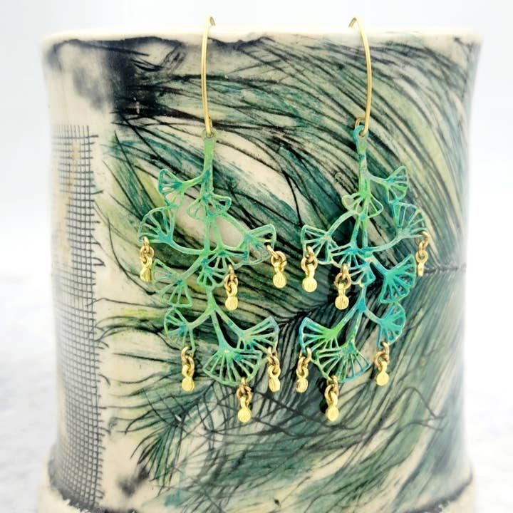 Verdilune - Wholesale Dangle Earrings - Sultry Summer Brass Gingko Dot Dangle Earrings with Verdigris Patina3