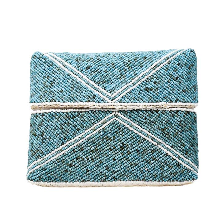 Turquoise White Macy Beaded Clutch: Turquoise/White for wholesale on Faire