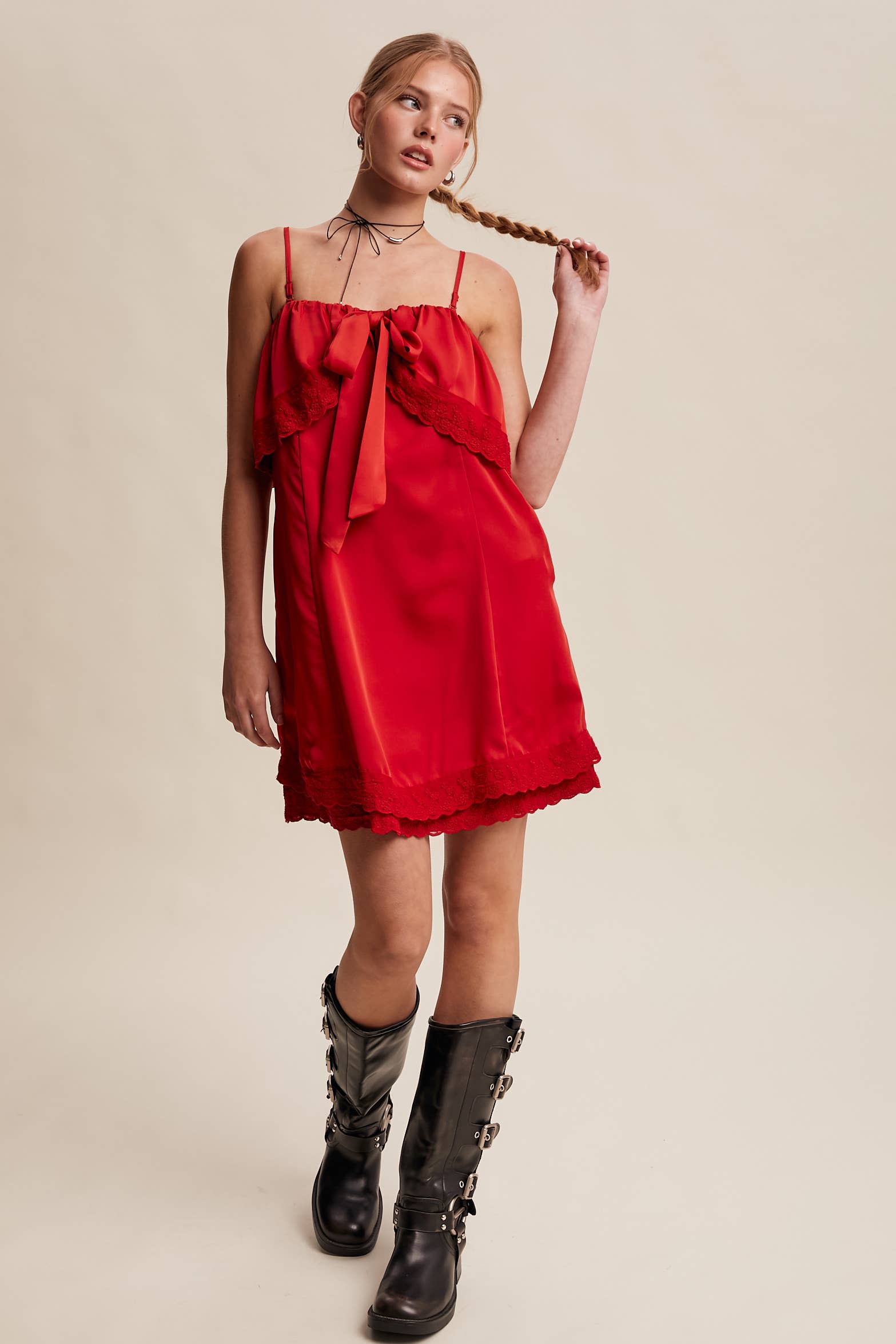 Listicle - Wholesale Dress - Women's - Bow Front Lace Trim Mini Dress LD106332