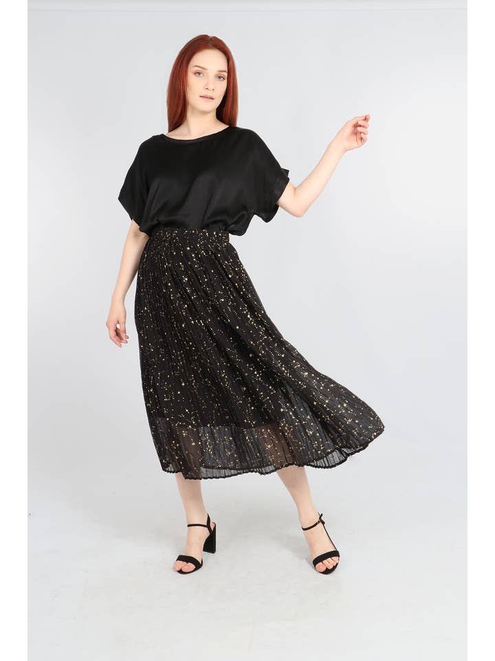 Sarta - Wholesale Skirt - Women's - Black Gold Constellation Print Pleated Skirt3