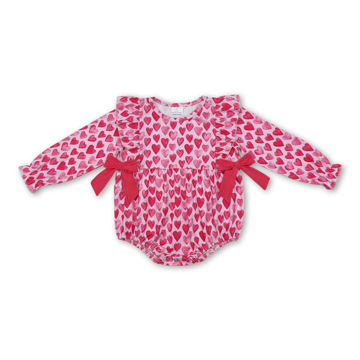 Long sleeves pink heart bow baby girls valentine's romper for wholesale by Yawoo Garments
