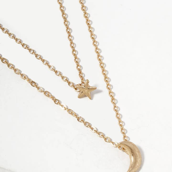 Wild Honey - Wholesale Pendant/Charm Necklace - Moon And Star Pendant Layered Necklace