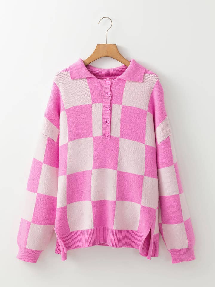 Roze Roze geruite halve knoopsluiting trui met kraag en verlaagde schouders voor groothandel op Faire3