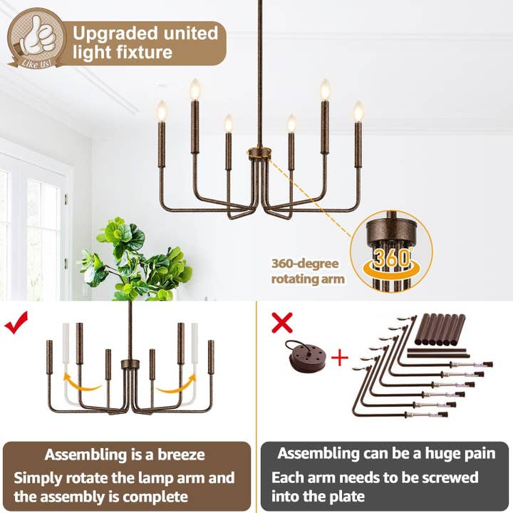 Rustic Black Chandelier, 6-Light Antique Farmhouse Chandelier for Dining Room Lighting Fixtures, Vintage Candle Pendant Light Fixtures Chandeliers for Dining Room Bedroom, Foyer and Living Room for wholesale on Faire