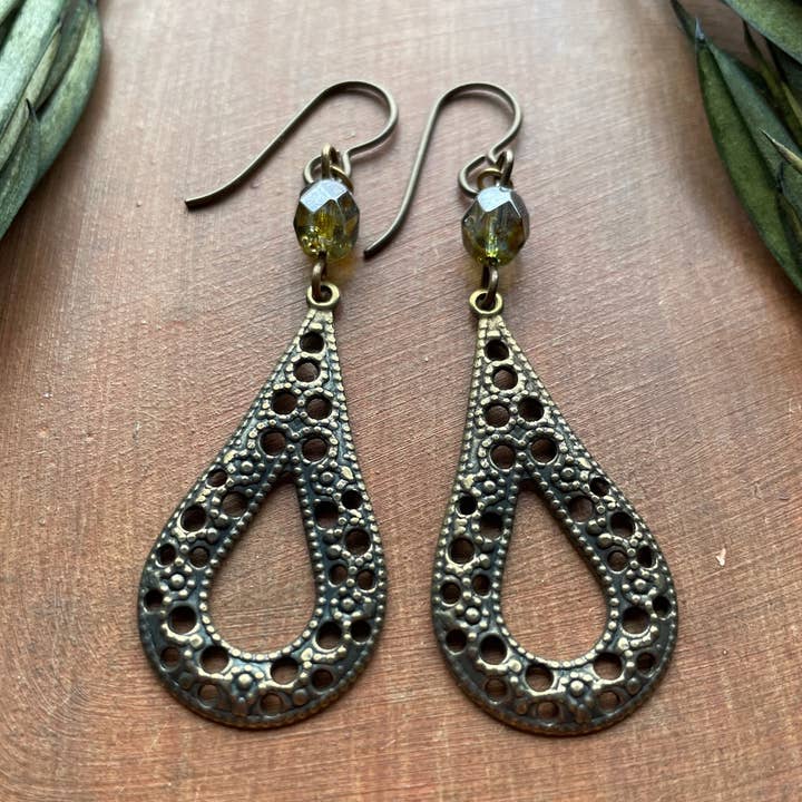 Long Victorian Earrings Green Bead Vintage Filigree Teardrop for wholesale by Vintage Earth