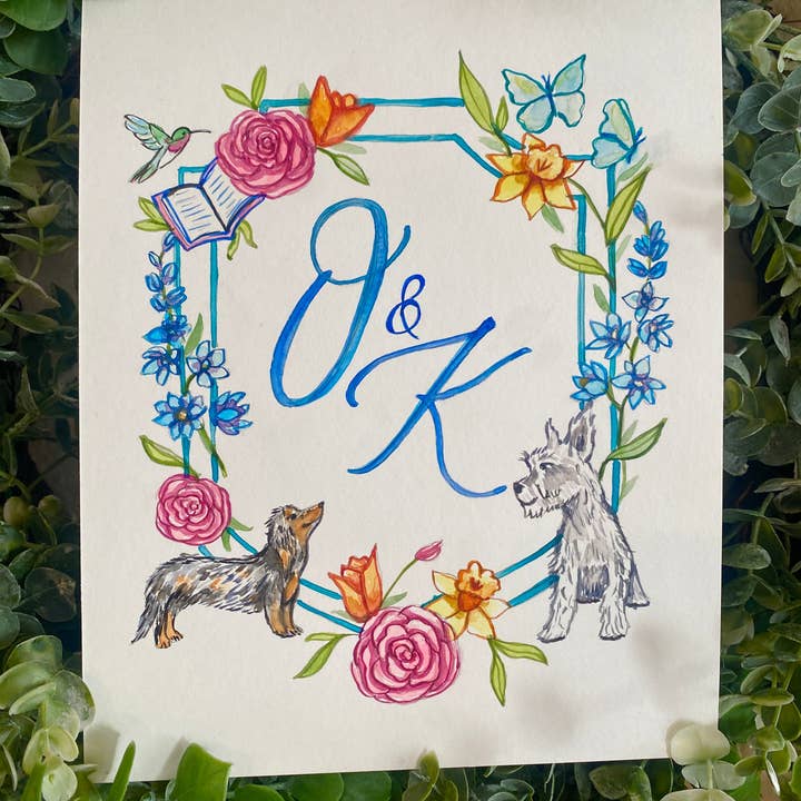 Escudo de boda de acuarela personalizado para venta al por mayor de Painted Peony Art