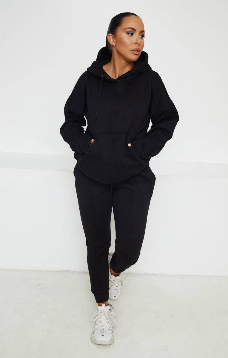 Femme Luxe – wholesale Mjukisset – Dam – Svart överdimensionerad huvtröja och hög midja med söm fram med manschettar Loungewear Set - Martha10