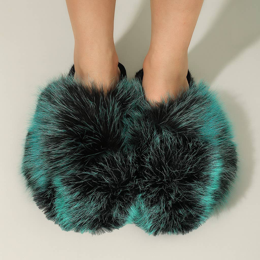 Sensibling Corp. - Vendita all'ingrosso Pantofole - Donna - Pantofole da interno in finta pelliccia di volpe soffice color smeraldo1