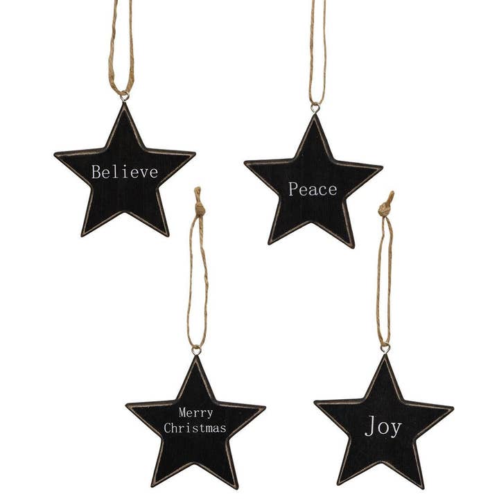 Col House Designs - Wholesale Ornament Set - Black Star Christmas Words Ornament, 4 Assorted