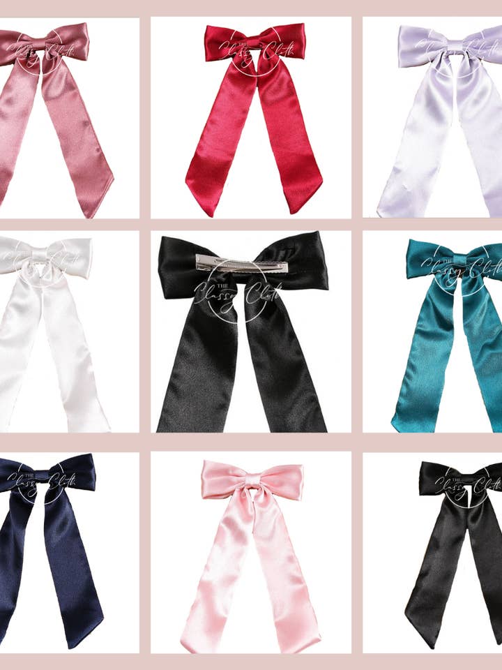 Classic Long Satin Hair Bow w/ Clip RTS for wholesale by The Classy Cloth WS