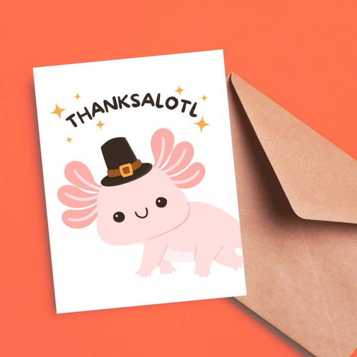 Thanksalotl Cute Axolotl Greeting Card for wholesale by Feira Pop