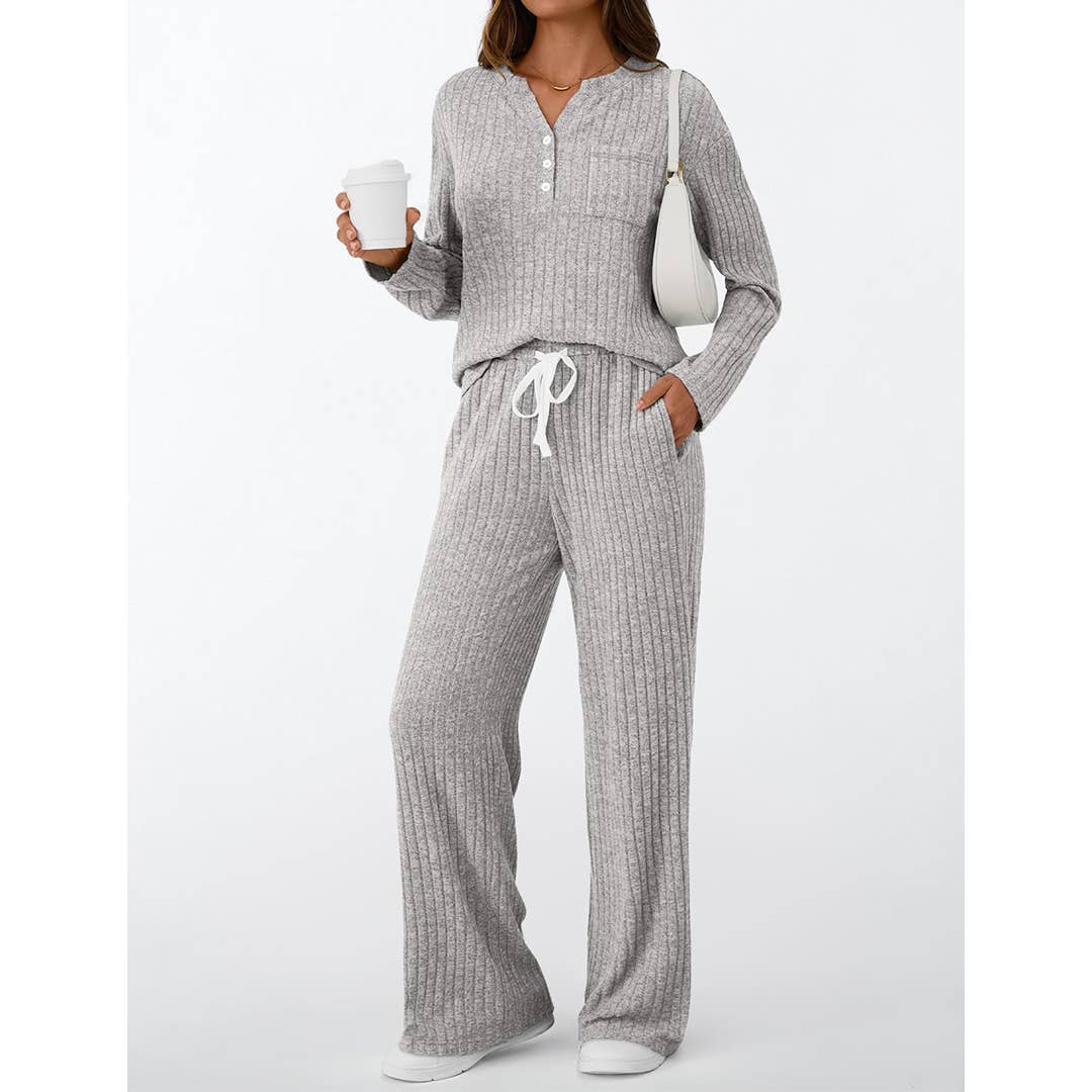 UNISHE - Vente Ensemble de vêtements d'intérieur – femme - Ensemble de pyjama à manches longues côtelées avec boutons et pantalon AXY03913