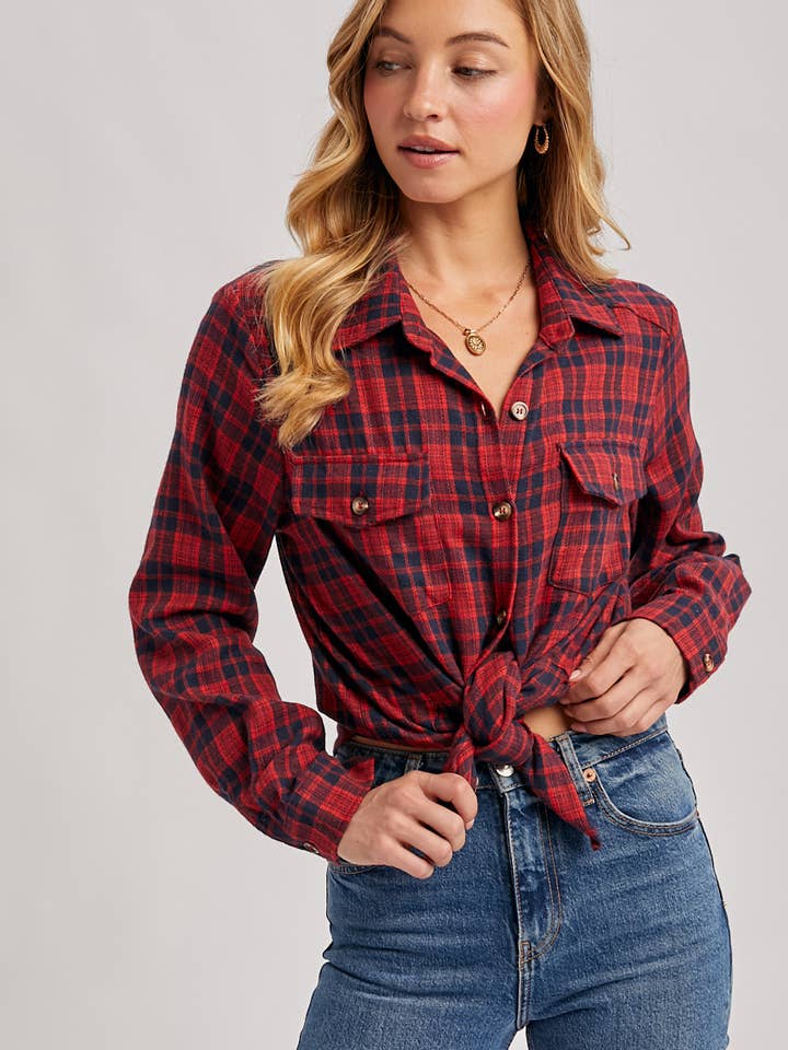 Bluivy - Wholesale Shirt - Women's - BUTTON DOWN PLAID SHIRT WITH POCKETS - 4TH OF JULY4